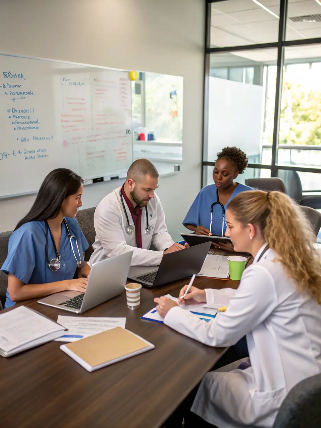 A diverse team of healthcare consultants brainstorming innovative solutions in a brightly lit, modern office space.