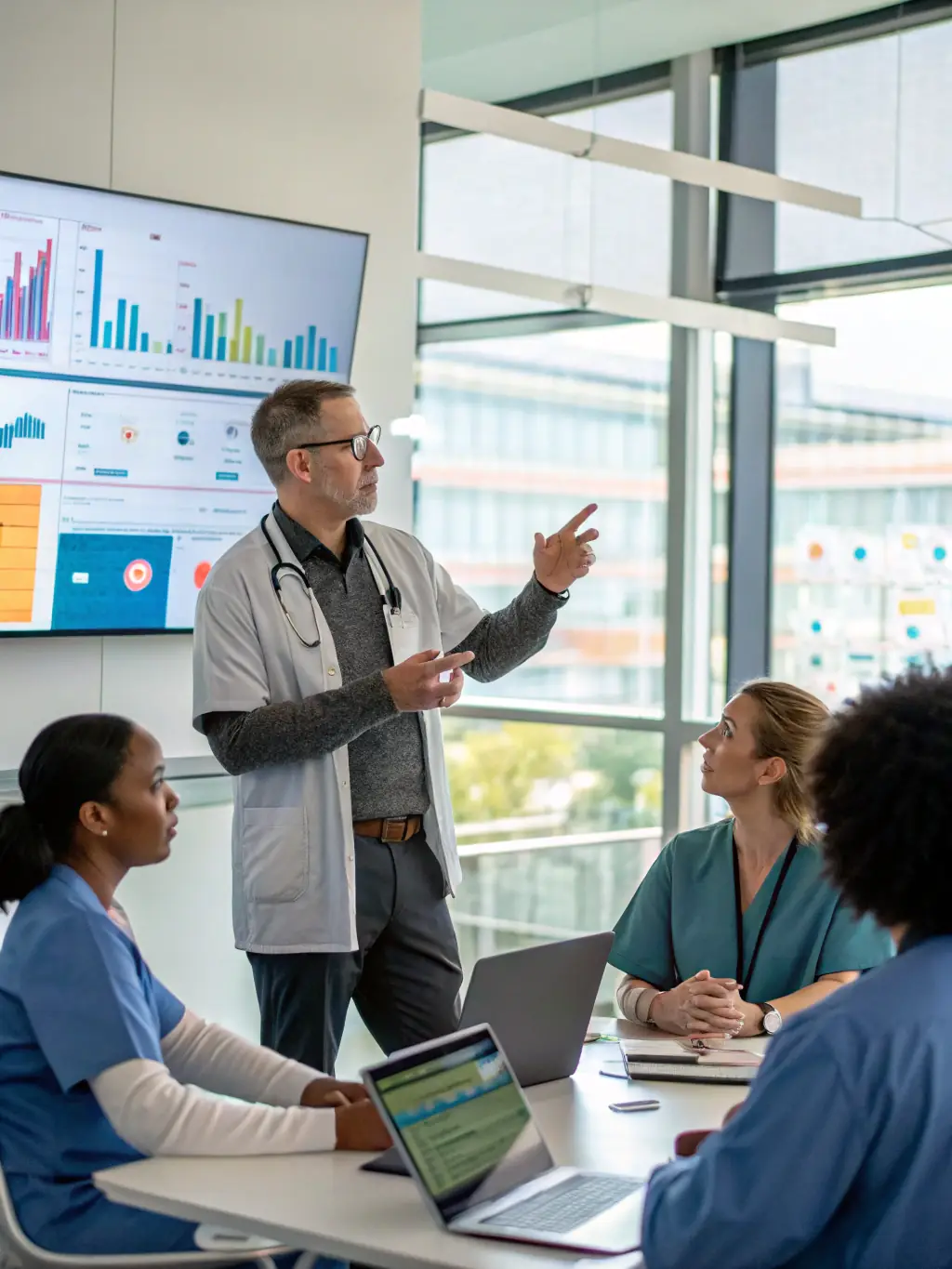 An image of a healthcare consultant discussing a strategic plan with a physician using charts and graphs, in a modern office setting.