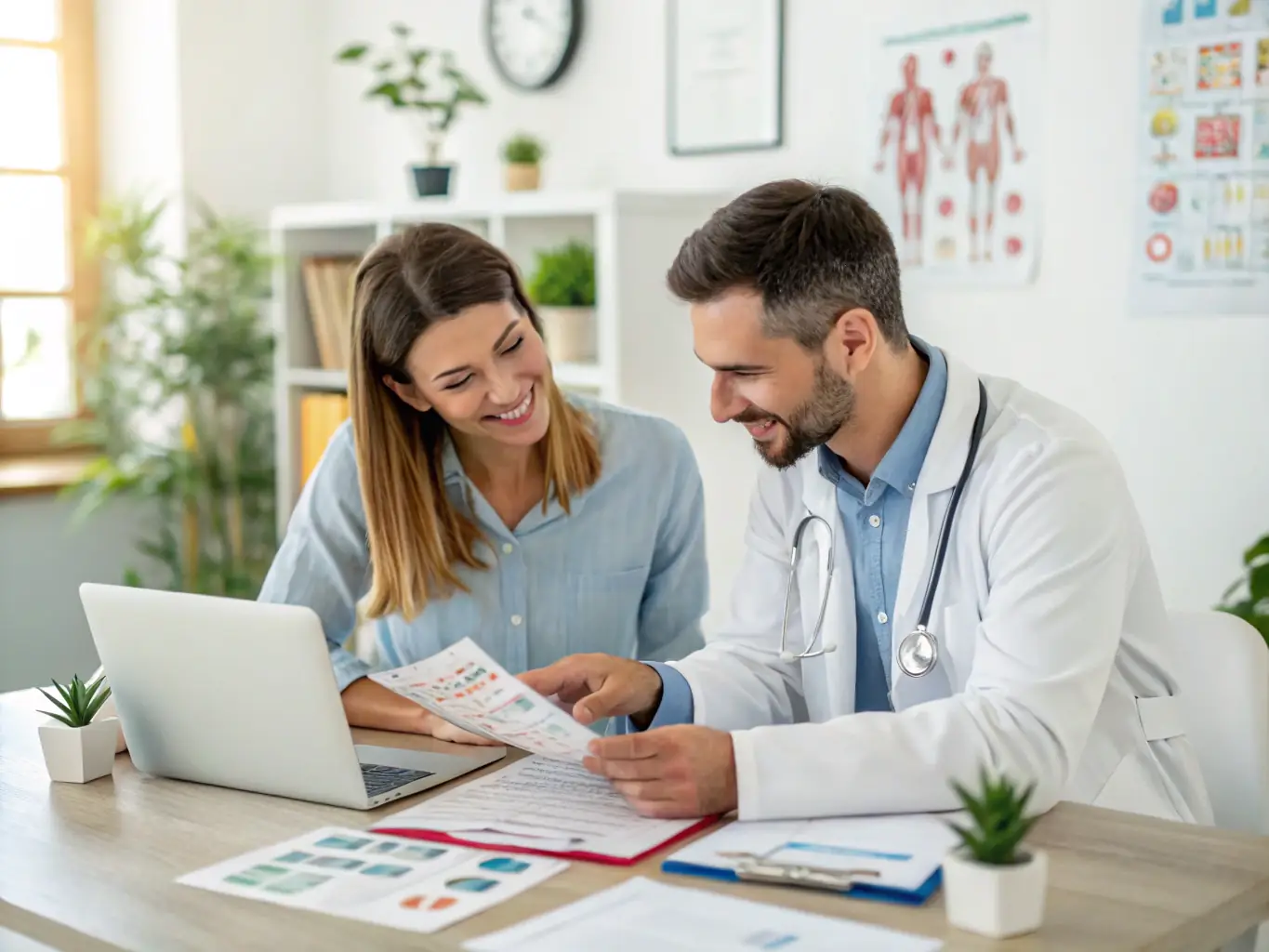A consultant is working with a physician, reviewing strategic plans in a modern office setting. The atmosphere is professional and collaborative, emphasizing the importance of strategic planning in healthcare.