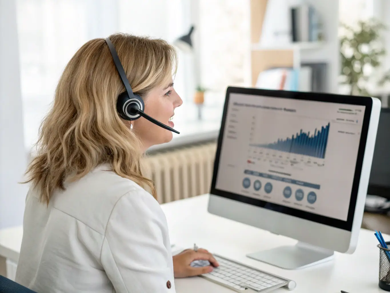 A friendly person on the phone, wearing a headset, in a bright and modern office, representing a client support specialist position at Independent Physician Consultants.